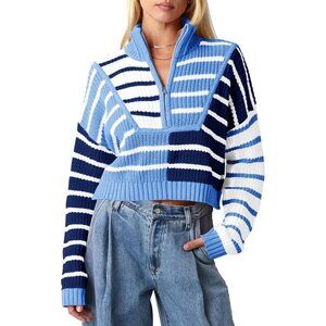 Women’s Blue  Saodi mallsu Striped Cropped Zip Up Sweater, Color Block